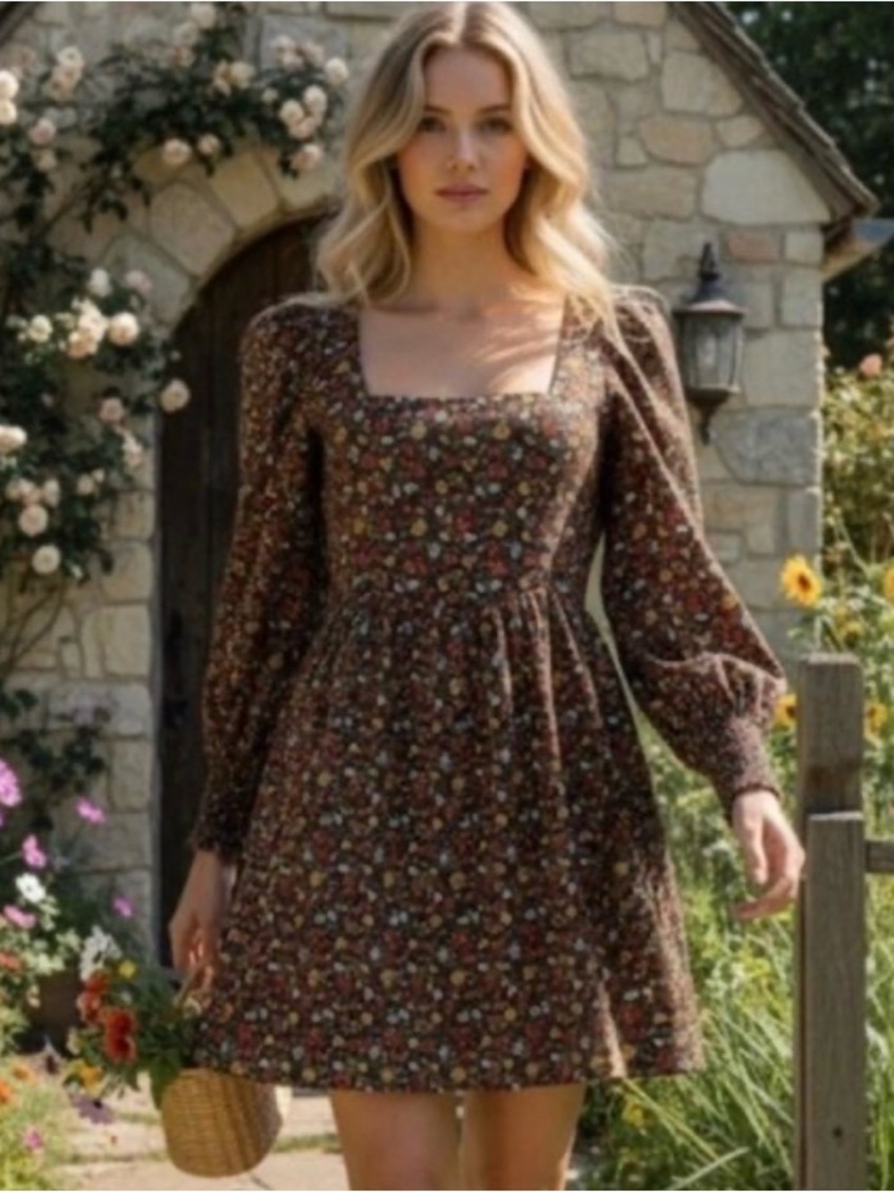 Hyacinth House Square-Neck Spencer Long Sleeve Mini Dress Multi Floral‎ Pattern
